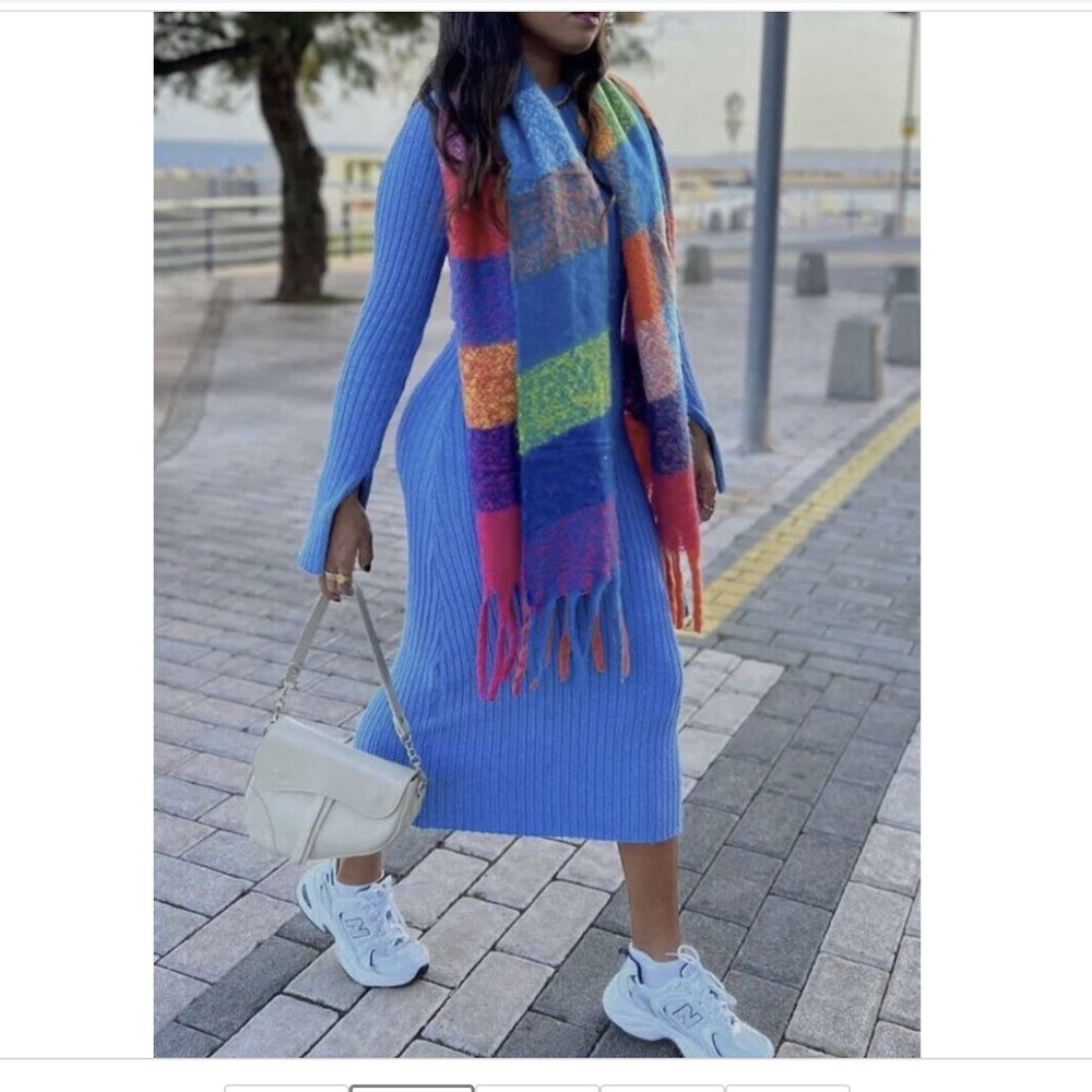 ZARA WOMAN STRETCH LONG SLEEVE BABY BLUE RIBBED KNIT MIDI MAXI DRESS $89.90 - Picture 12 of 15